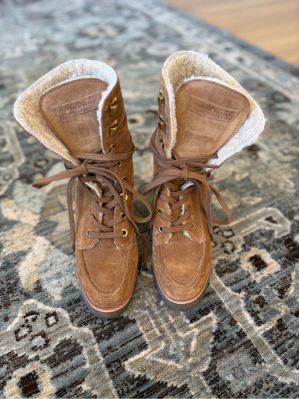 Veronica Beard Brown Suede Lace-Up Shearling Ankle Boots